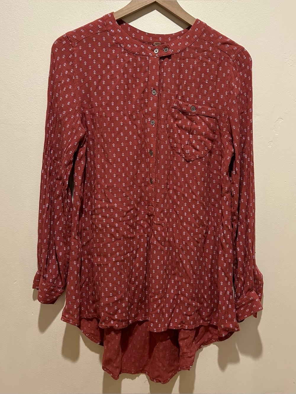 Free People Copper Brown Long Oversized Half Button Tunic Blouse - Size Small